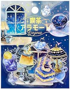 Sticker sheet showing coffee and dessert illustrations on a night-sky background with a product header and hanging hole.
