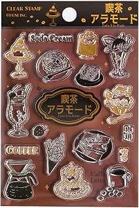A sheet of clear cafe-themed stamps on brown backing showing coffee, desserts, and related designs.