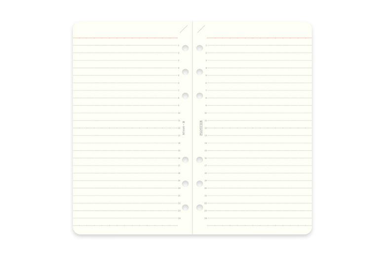 Open Bible-size refill memo pad showing two ruled pages with 6mm line spacing and punched ring holes.
