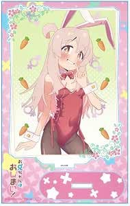 Front-facing image of the acrylic character stand showing Mahiro Oyama in a red bunny outfit with carrot decorations and a pink base.