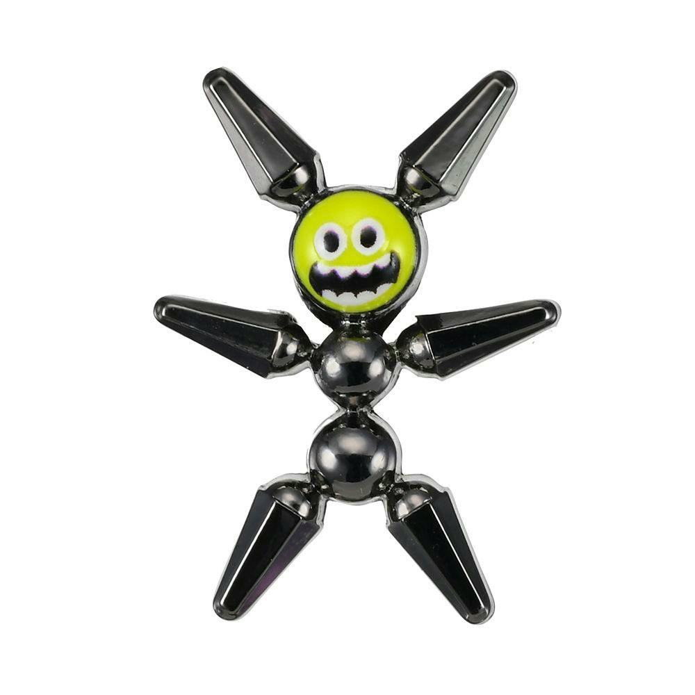 Front view of a robot-shaped metal pin badge with a yellow smiling face and pointed limbs on a white background.
