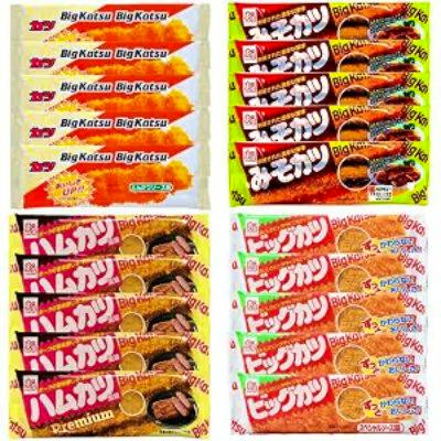 Photo showing packaged Big Katsu gummy candy in four grouped variety packs arranged in a four-panel collage.