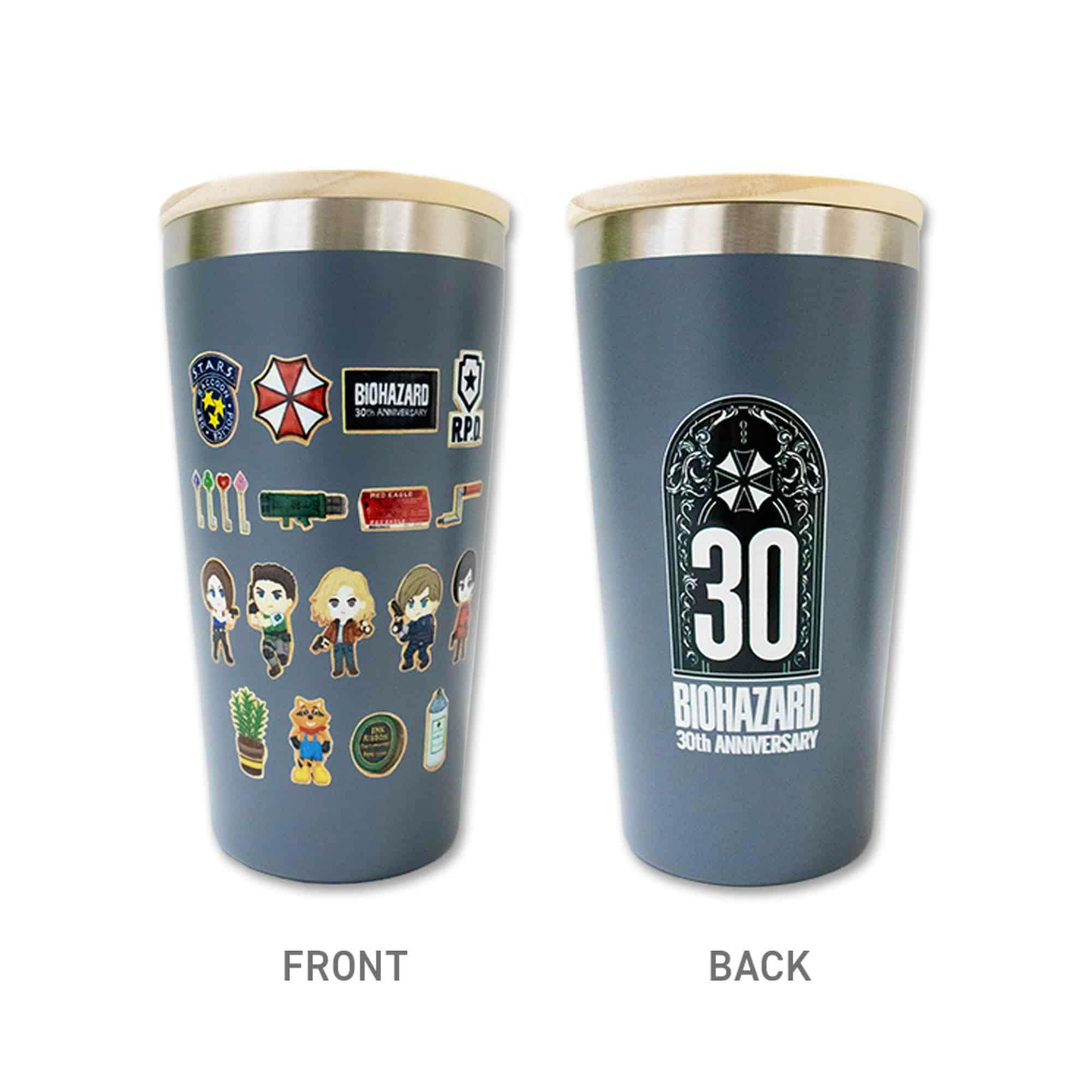 Front and back views of the blue Biohazard 30th Sweets Collection stainless steel tumbler with lid and printed sticker-style designs.