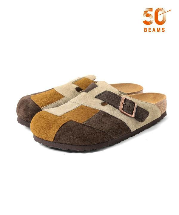 Pair of BIRKENSTOCK Boston patchwork leather sandals in brown and tan on a white background.