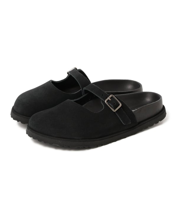 Pair of black Birkenstock Maria suede sandals shown from a three-quarter angle with Mary-Jane style strap and buckle.