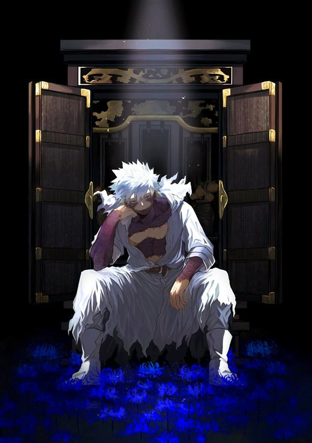 Postcard front illustration of a white-haired character sitting before an open ornate cabinet with glowing blue flowers at their feet.