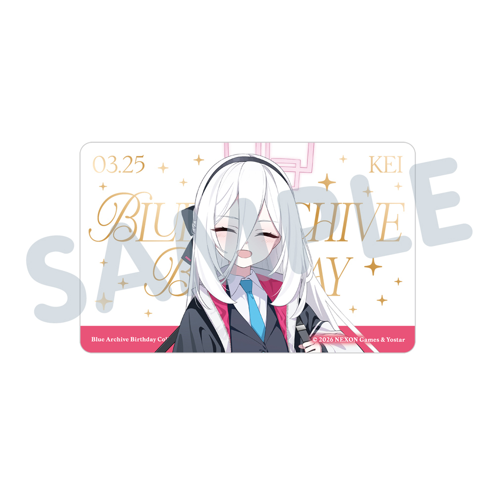 A birthday card front showing an illustrated white-haired character smiling with gold decorative text and a large "SAMPLE" watermark.