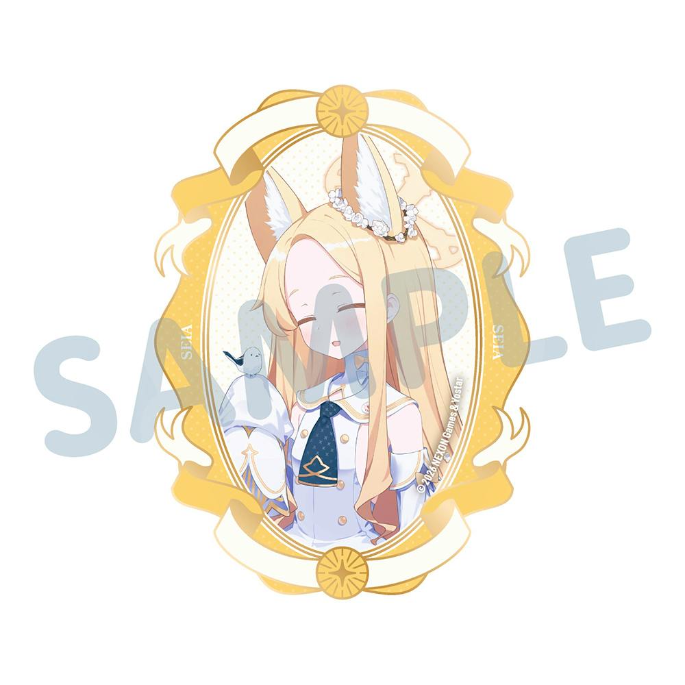 Paper sticker artwork of the character Seia with fox ears inside a decorative gold oval frame.
