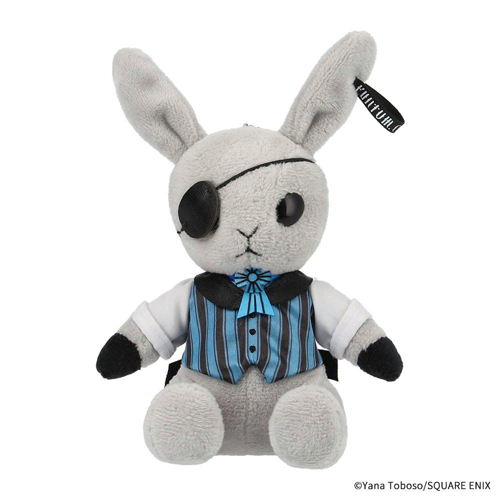 A mini Bitter Rabbit “Ciel” plush toy wearing a blue-striped vest and a black eyepatch photographed on a white background.