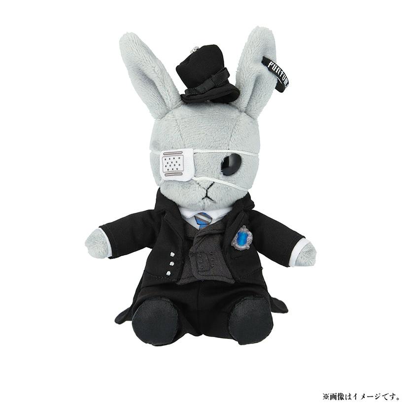 Seated plush 'Bitter Rabbit Mini Ciel' (Public School Edition) wearing an eyepatch, black school uniform and a small top hat on a white background.