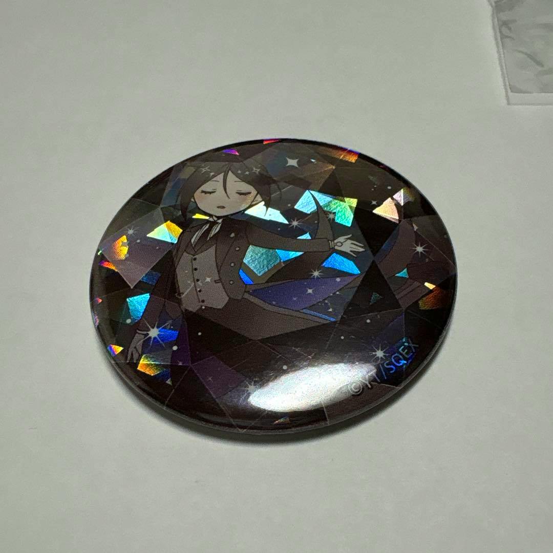 Holographic round can badge featuring an illustrated Sebastian from Black Butler on a white background.