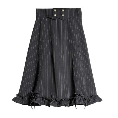 Front view of a women's black pinstripe polyester skirt with a ruffled hem, a decorative front waist panel with buttons, and small bows.