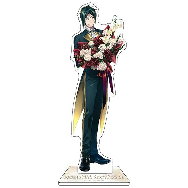 A single acrylic decorative stand of Sebastian Michaelis holding a bouquet, shown standing on a rectangular base.
