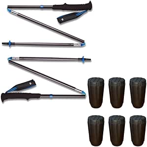 Folded Black Diamond Distance Z trekking poles and six ReHound rubber replacement caps on a white background.