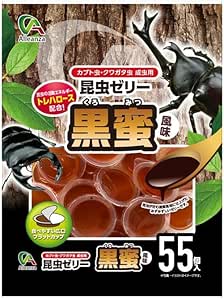 Front packaging showing many small cups of dark insect jelly with beetle illustrations and a '55' quantity label.