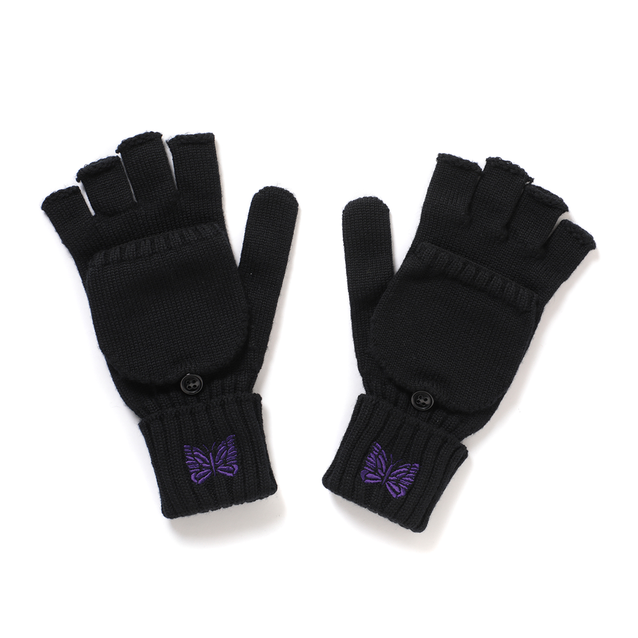 Pair of black convertible merino wool gloves laid flat, showing fingerless tips and attached mitten flaps.