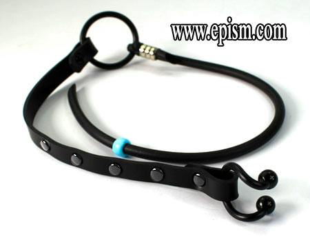 Black plastic nose hook with double-ball ends, attached strap and O-ring on a white background.