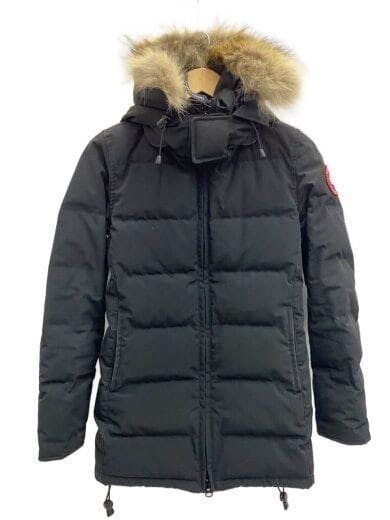 Front view of a black men's polyester down jacket with a fur-trimmed hood hanging on a hanger.