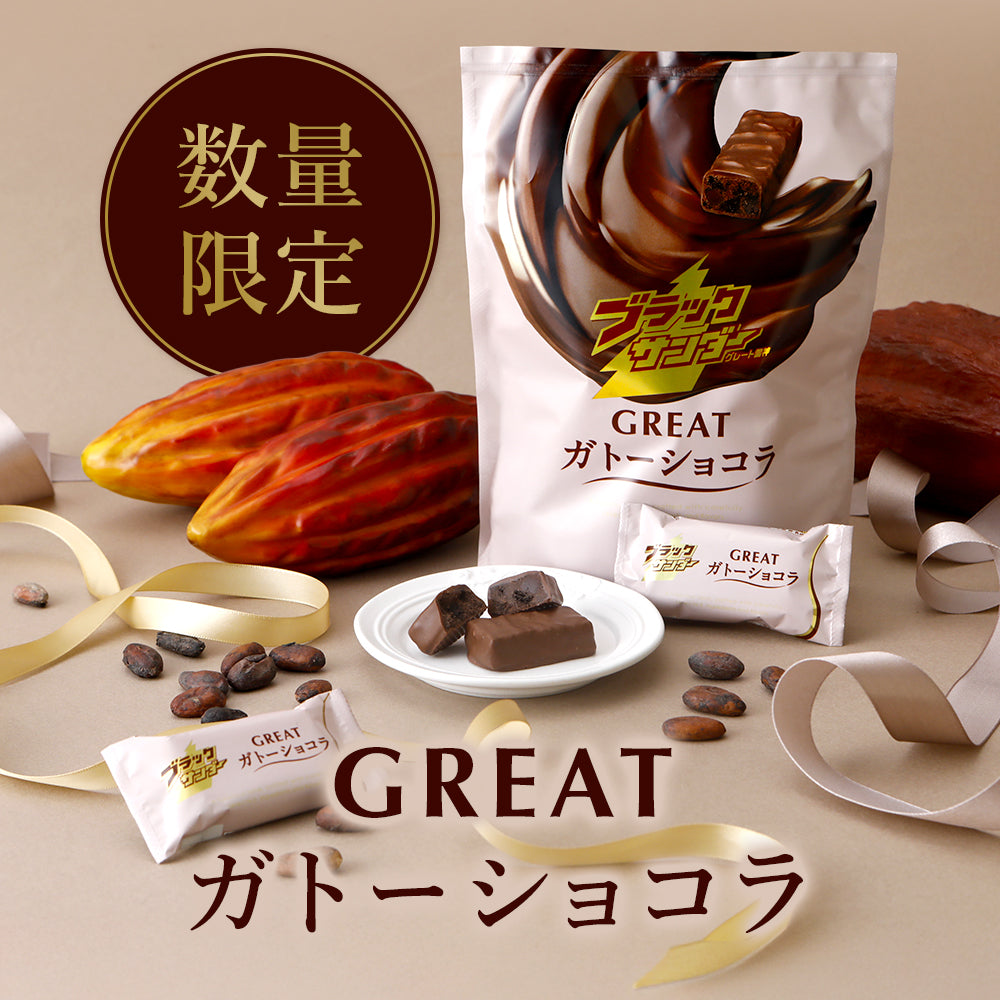 A pouch of ブラックサンダーGREATガトーショコラ chocolate snack with unwrapped and cut chocolate pieces displayed on a plate.