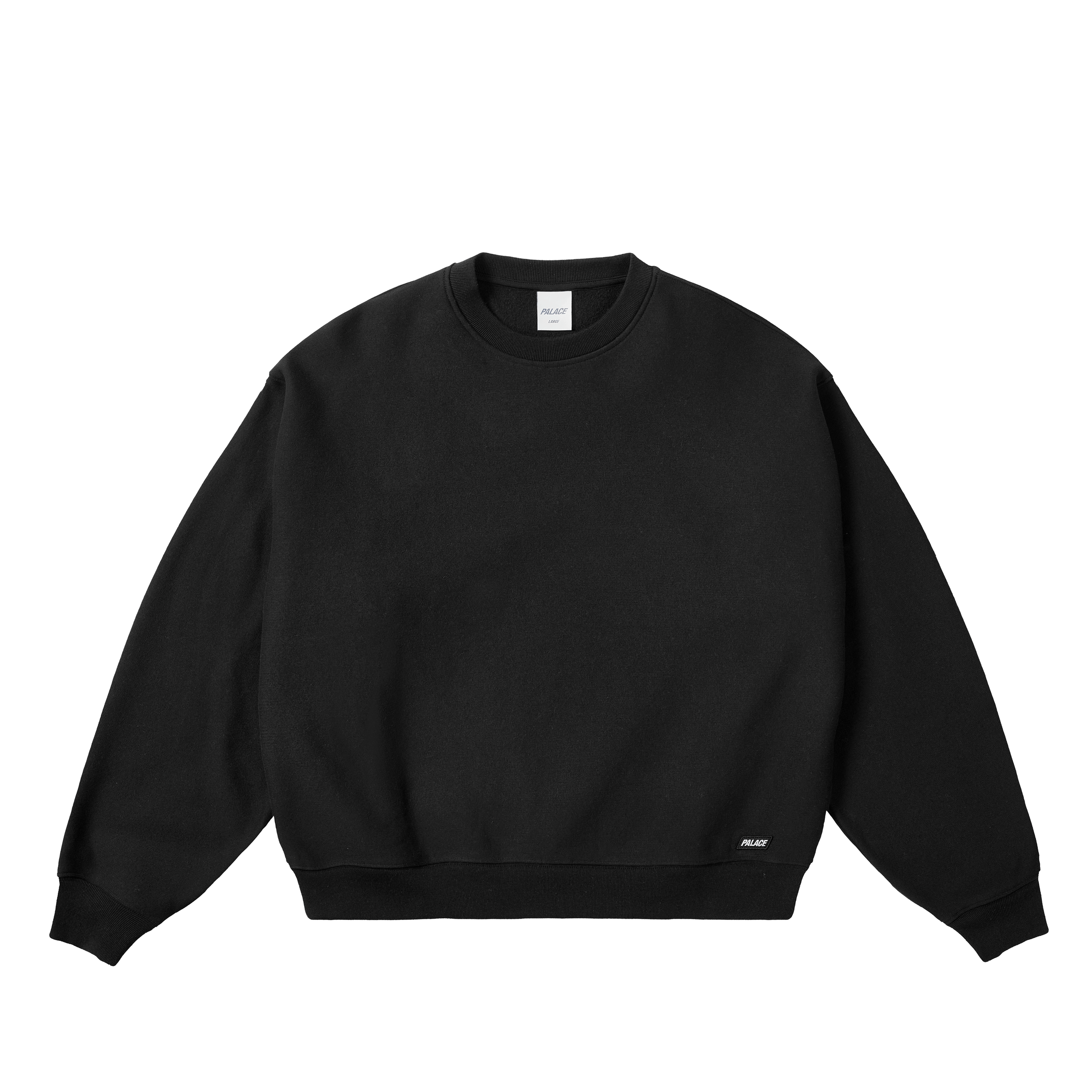 Front of a black unisex crew cotton sweatshirt laid flat, showing a ribbed collar, long sleeves, and a small rectangular label near the hem.