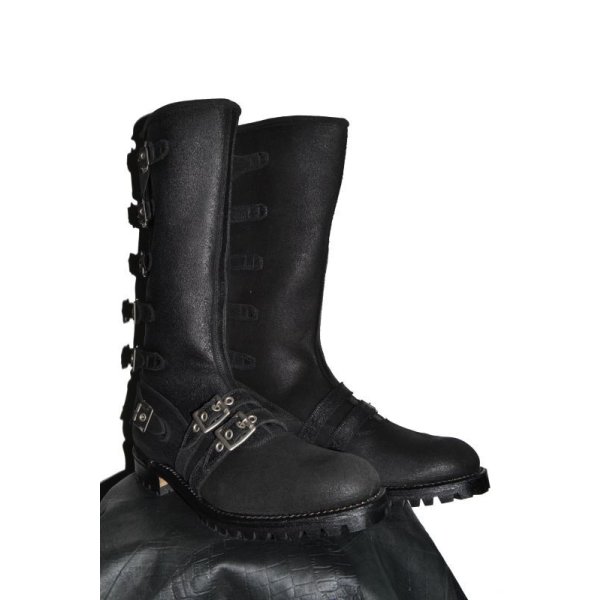 BlackMeans six-buckle leather boots shown side by side on a plain surface.
