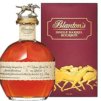 Blanton Whiskey (750 ml) bottle shown with its presentation box displaying Blanton's Single Barrel Bourbon branding.
