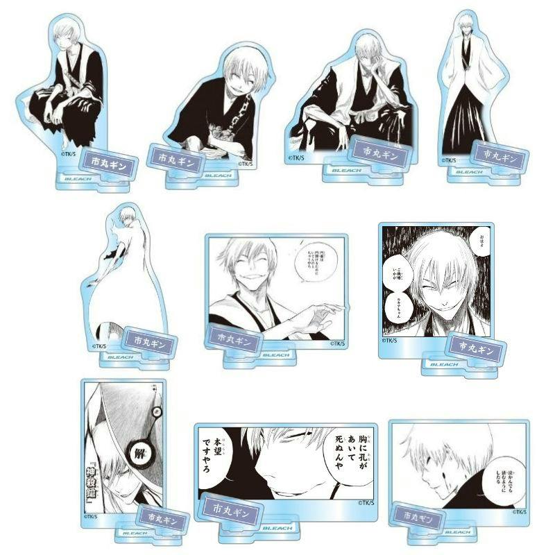 Multiple black-and-white acrylic stand designs of Ichimaru Gin from BLEACH arranged on a white background.