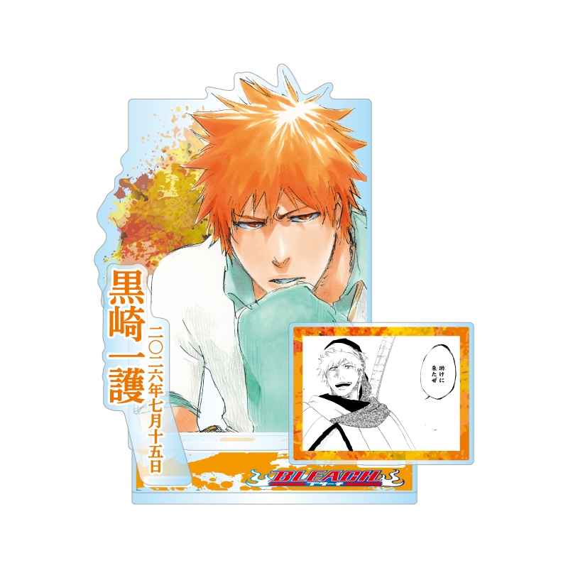 Acrylic decorative stand featuring Ichigo Kurosaki artwork with a small attached manga panel insert.