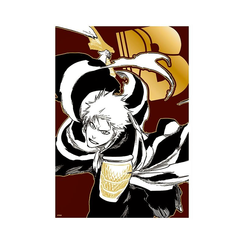 Front of a BLEACH foil-stamped illustration card depicting a character in a dynamic pose with black-and-white line art and gold foil accents.