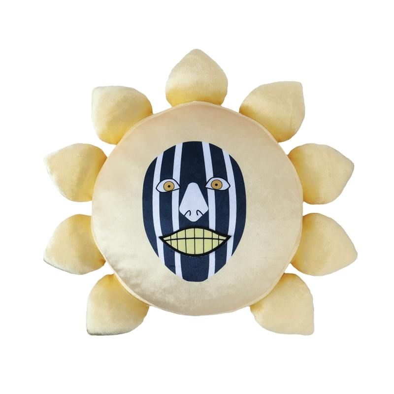 Front view of the BLEACH 涅マユリ cushion: round yellow cushion with a striped face print and petal-like protrusions around the edge.