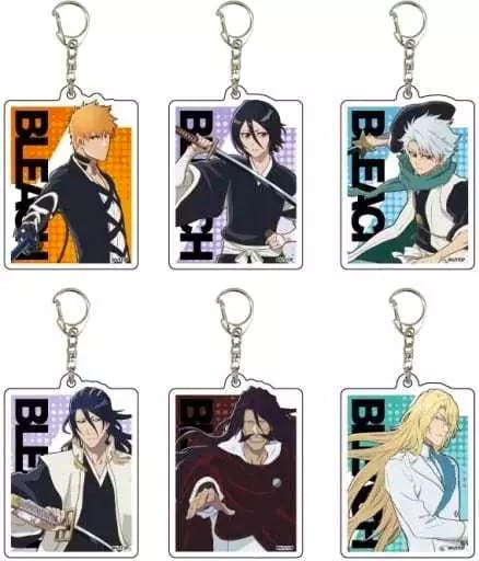 Six acrylic BLEACH keychains displayed in two rows, each charm showing a different character illustration with a metal key ring.
