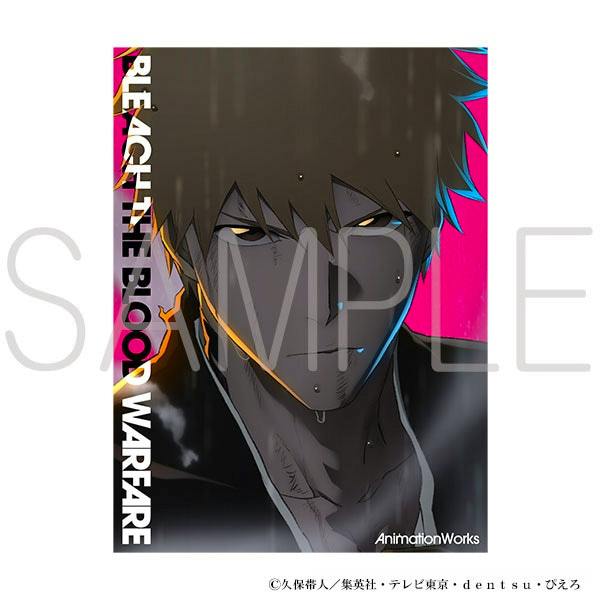 Cover of the BLEACH Animation Works illustration book showing a close-up anime character's face with the text 'BLEACH THE BLOOD WARFARE' and a SAMPLE watermark.
