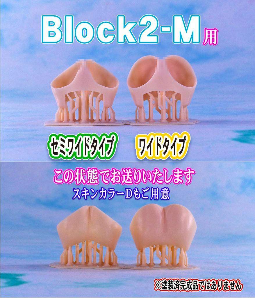 Skin-colored Block2 waist/hip figure parts (semi-wide and wide) shown on supports, front and back views.