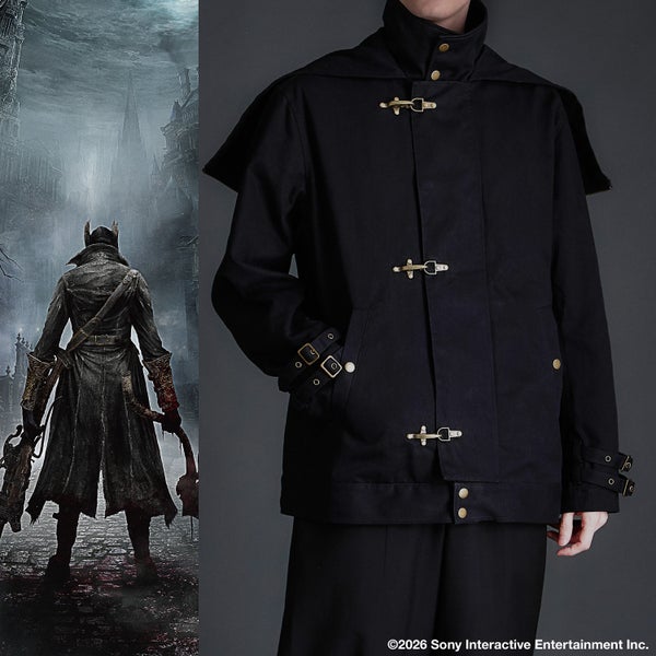 Men's black Bloodborne-style hunter jacket on a model, front view showing three metal clasps and cuff straps.