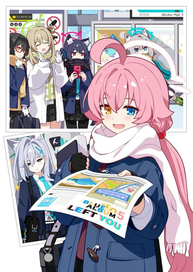 Colorful anime-style illustration with a pink-haired character in the foreground holding a paper that reads “BLUE ALBUM 05 LEFT YOU,” and other characters shown in panels behind.