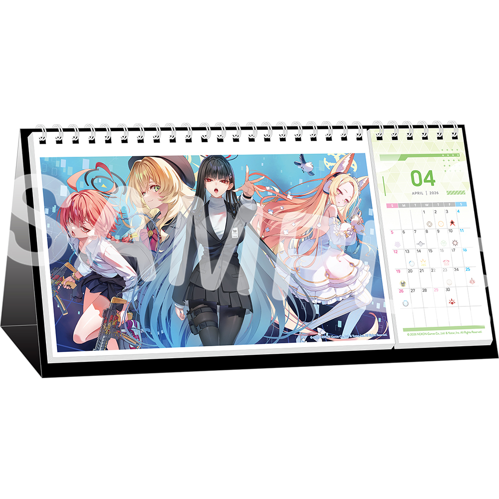 Blue Archive 2026 ring-bound desk calendar showing an illustrated character spread alongside an April monthly page.