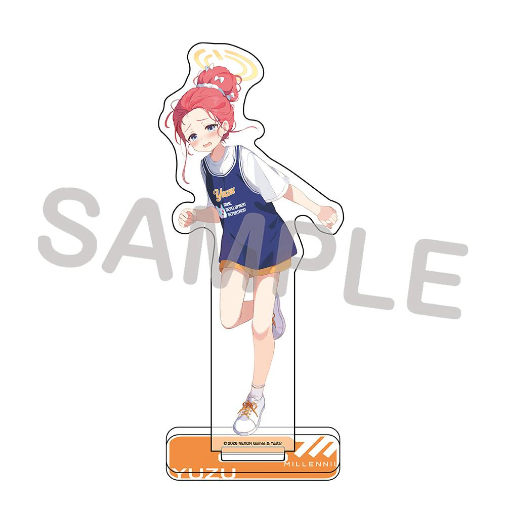 Acrylic stand featuring a red-haired anime character in a practice outfit mounted on an orange base, shown with a SAMPLE watermark.