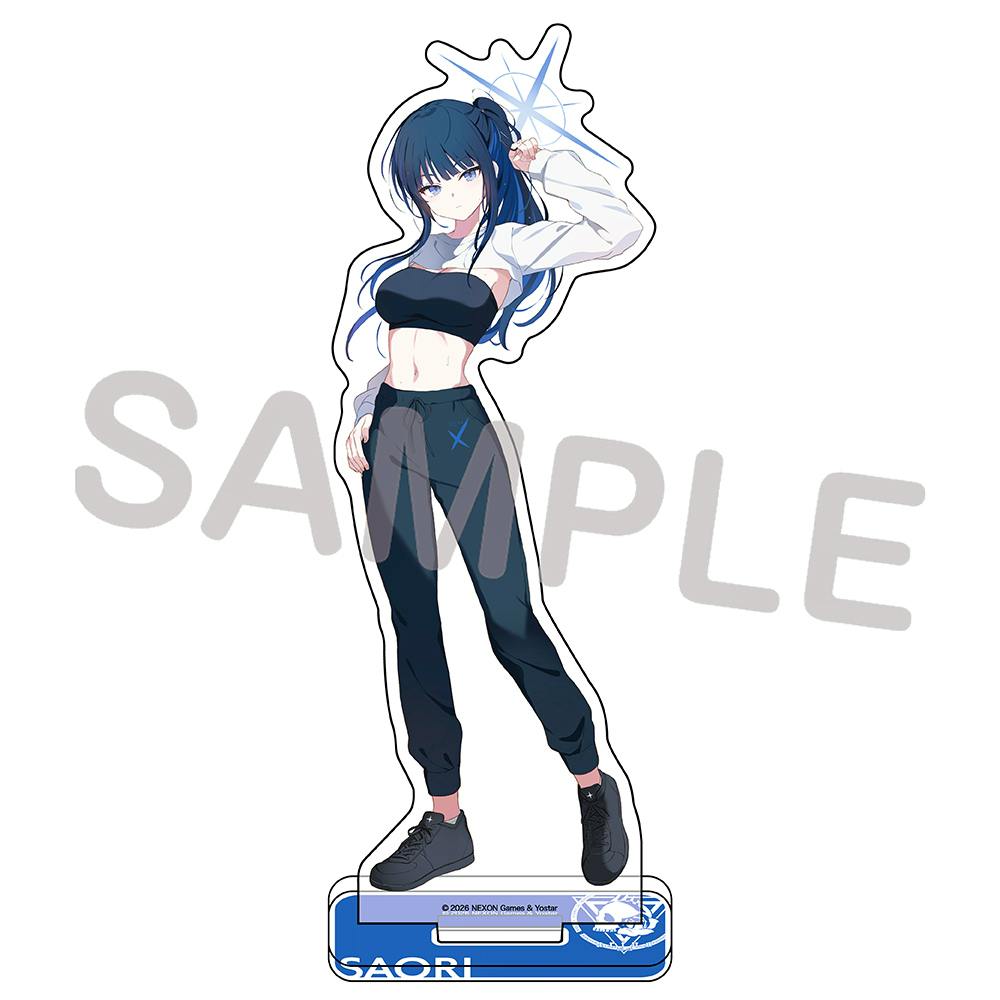 Acrylic stand showing a full-body illustration of the character in practice clothes mounted on a blue rectangular base.