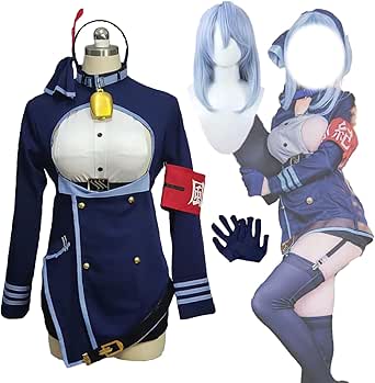 Mannequin wearing a navy blue Nyanya cosplay dress with the included light blue wig, headband, gloves, and red armband shown beside a character illustration.