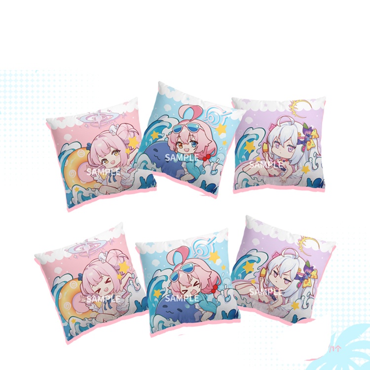 Six square cushions featuring Blue Archive character illustrations printed on them.