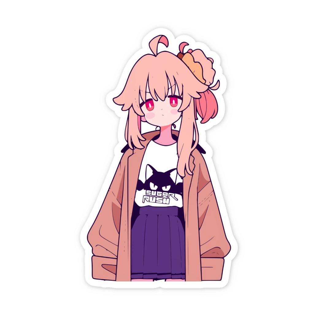 Paper sticker showing an anime-style girl with pink hair wearing a jacket and skirt on a white background.