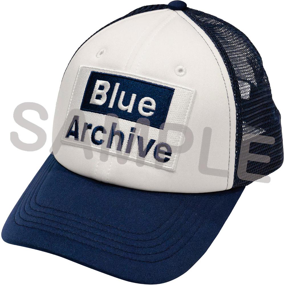 White and navy polyester baseball cap with a stitched "Blue Archive" patch on the front, shown at an angle.
