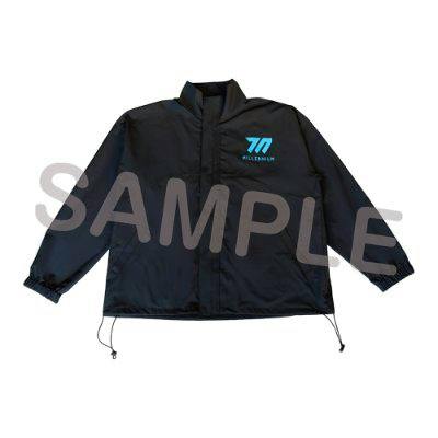 Front view of a black men's polyester packable jacket showing a blue chest logo and drawcord hem.