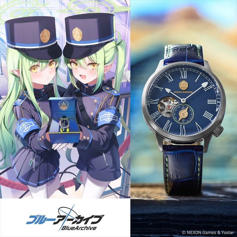 Photo of the Blue Archive Hikari & Nozomi watch with a blue dial, Roman numerals, and blue leather strap shown beside promotional character artwork and the product box.