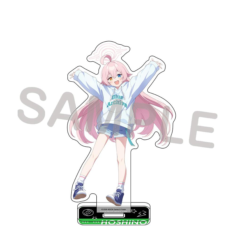 Acrylic stand of the Blue Archive character Hoshino wearing a hoodie and shorts mounted on a rectangular base.