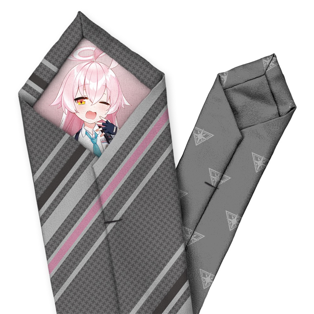 Gray polyester necktie with diagonal pink and gray stripes and a printed Hoshino character visible on the inner portion.