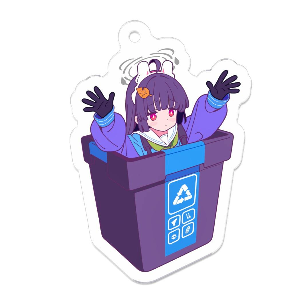 Acrylic keychain featuring the character Miu sitting inside a purple recycling trash bin with a hole for the keyring.
