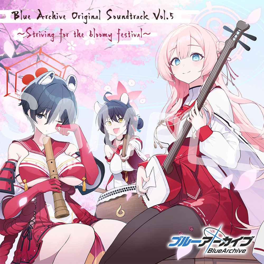 Illustrated cover art showing three characters and the title "Blue Archive Original Soundtrack Vol.5 ~Striving for the bloomy festival~".
