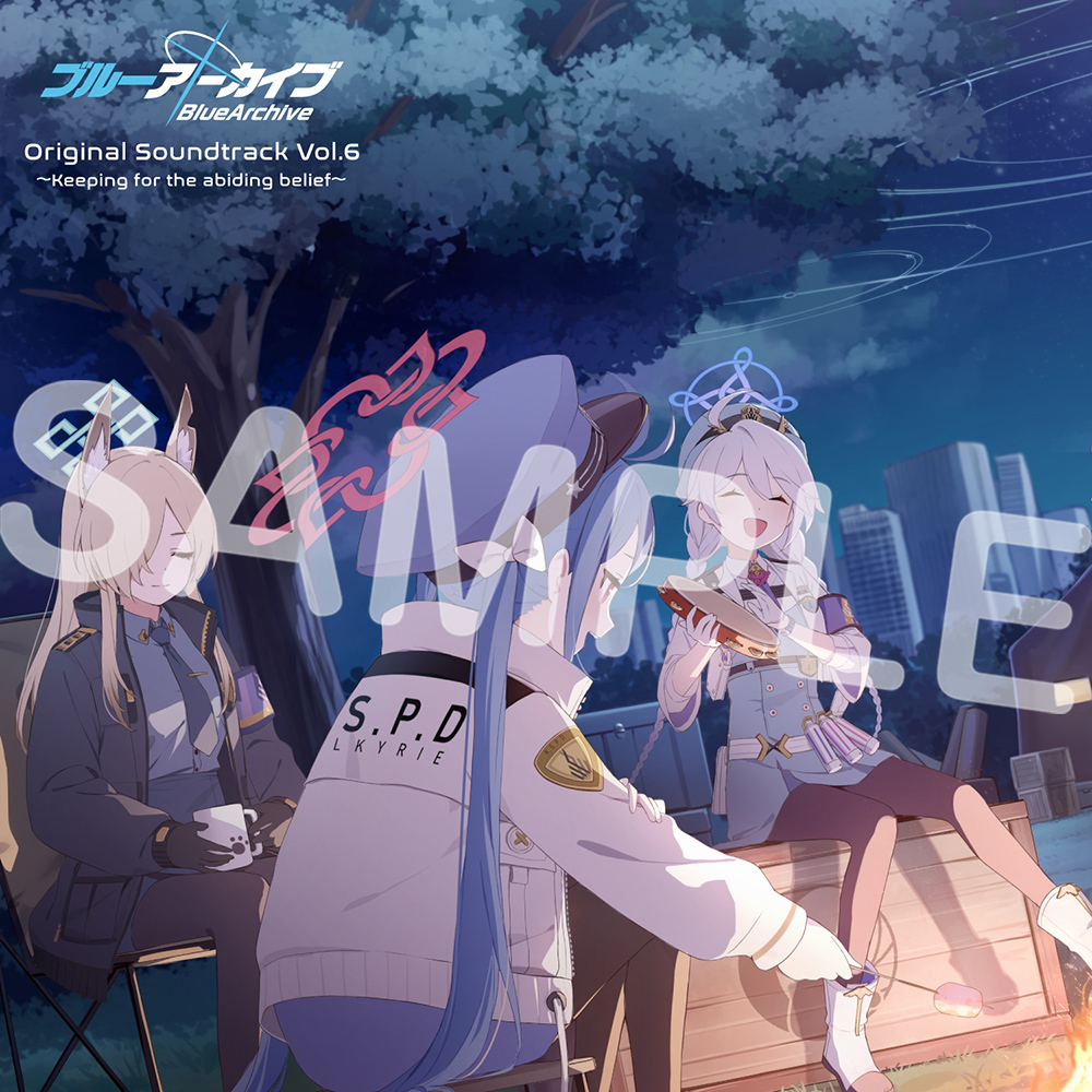 Cover illustration for the Blue Archive Original Soundtrack Vol.6 showing several characters sitting outdoors at night with a large "SAMPLE" watermark.