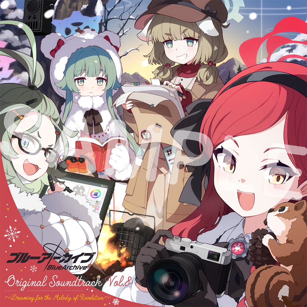Cover art for Blue Archive Original Soundtrack Vol.8 showing several anime-style characters in winter clothing, one holding a camera, with the title text visible.